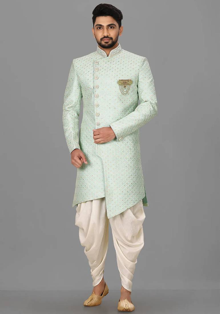 Teal blue dupion arts silk anghrakha design with hand work on collar and buttons indo western