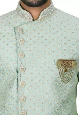 Teal blue dupion arts silk anghrakha design with hand work on collar and buttons indo western 2