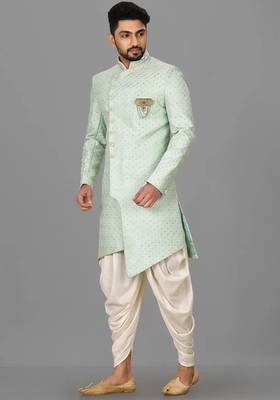 Teal blue dupion arts silk anghrakha design with hand work on collar and buttons indo western 3