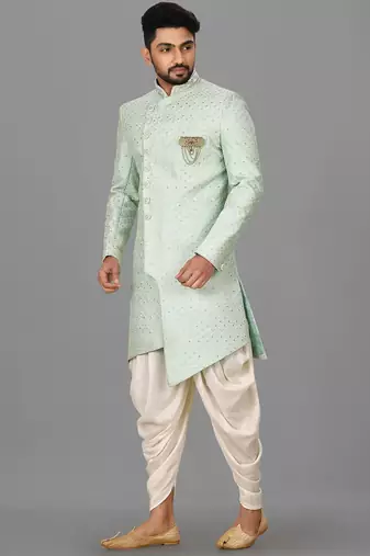 Teal blue dupion arts silk anghrakha design with hand work on collar and buttons indo western