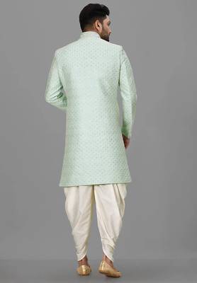 Teal blue dupion arts silk anghrakha design with hand work on collar and buttons indo western 4