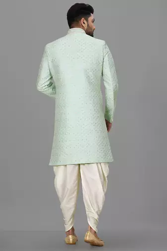 Teal blue dupion arts silk anghrakha design with hand work on collar and buttons indo western