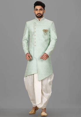 Teal blue dupion arts silk anghrakha design with hand work on collar and buttons indo western 1