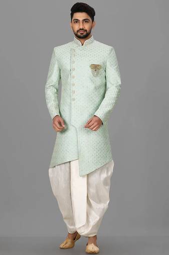 Teal blue dupion arts silk anghrakha design with hand work on collar and buttons indo western