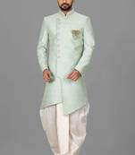 Teal blue dupion arts silk anghrakha design with hand work on collar and buttons indo western