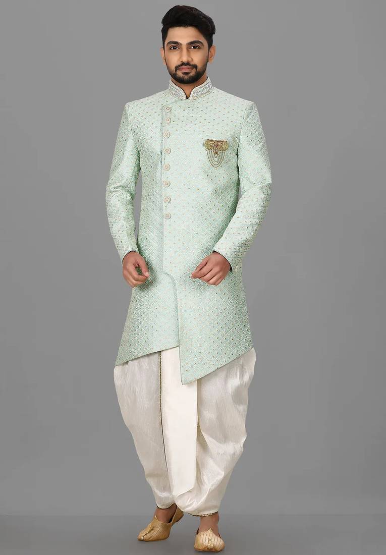 Teal blue dupion arts silk anghrakha design with hand work on collar and buttons indo western