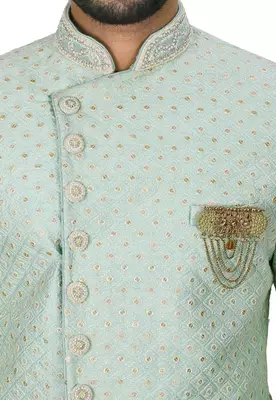 Teal blue dupion arts silk anghrakha design with hand work on collar and buttons indo western 2