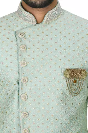 Teal blue dupion arts silk anghrakha design with hand work on collar and buttons indo western