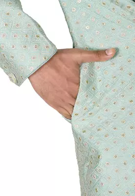 Teal blue dupion arts silk anghrakha design with hand work on collar and buttons indo western 3