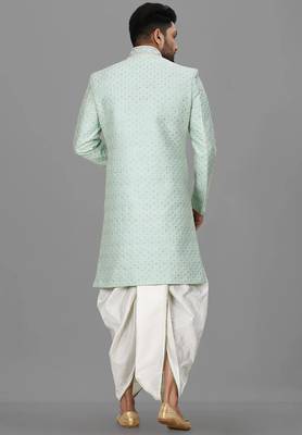Teal blue dupion arts silk anghrakha design with hand work on collar and buttons indo western 4
