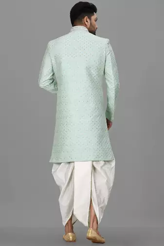 Teal blue dupion arts silk anghrakha design with hand work on collar and buttons indo western