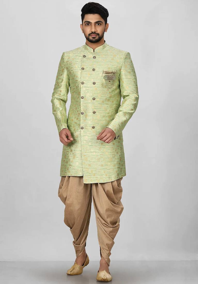 Gold green anghrakha pattern work indo western