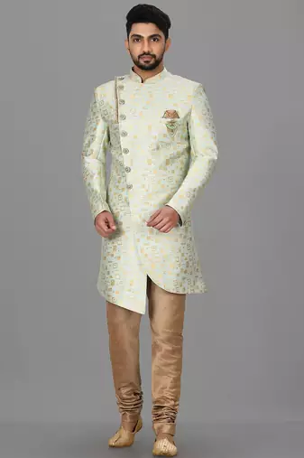 Mint green anghrakha pattern work indo western