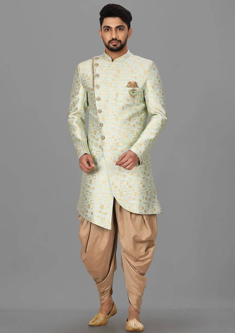 Mint green anghrakha pattern work indo western