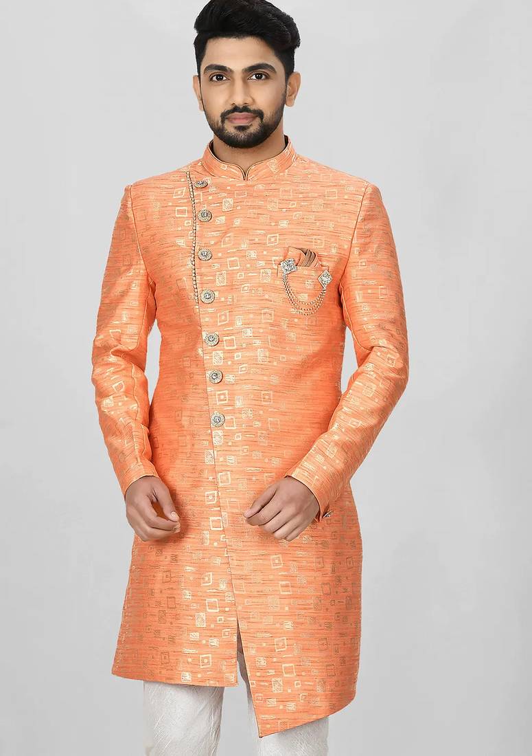 Orange anghrakha pattern work indo western