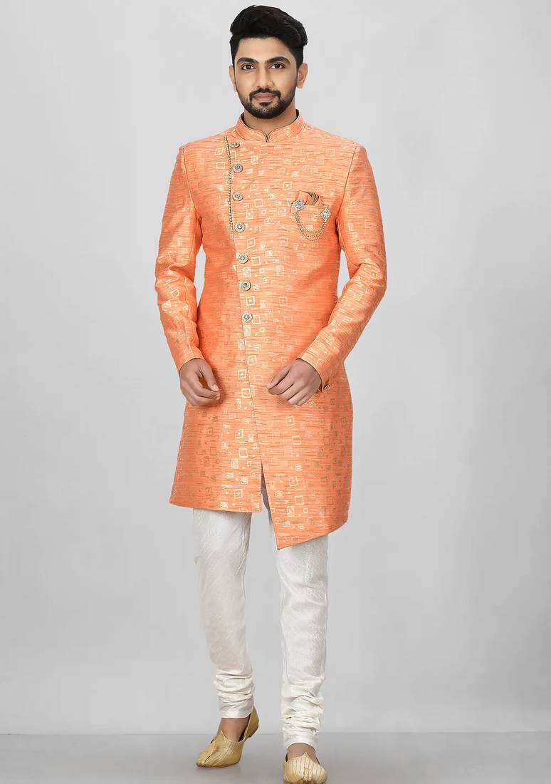 Orange anghrakha pattern work indo western