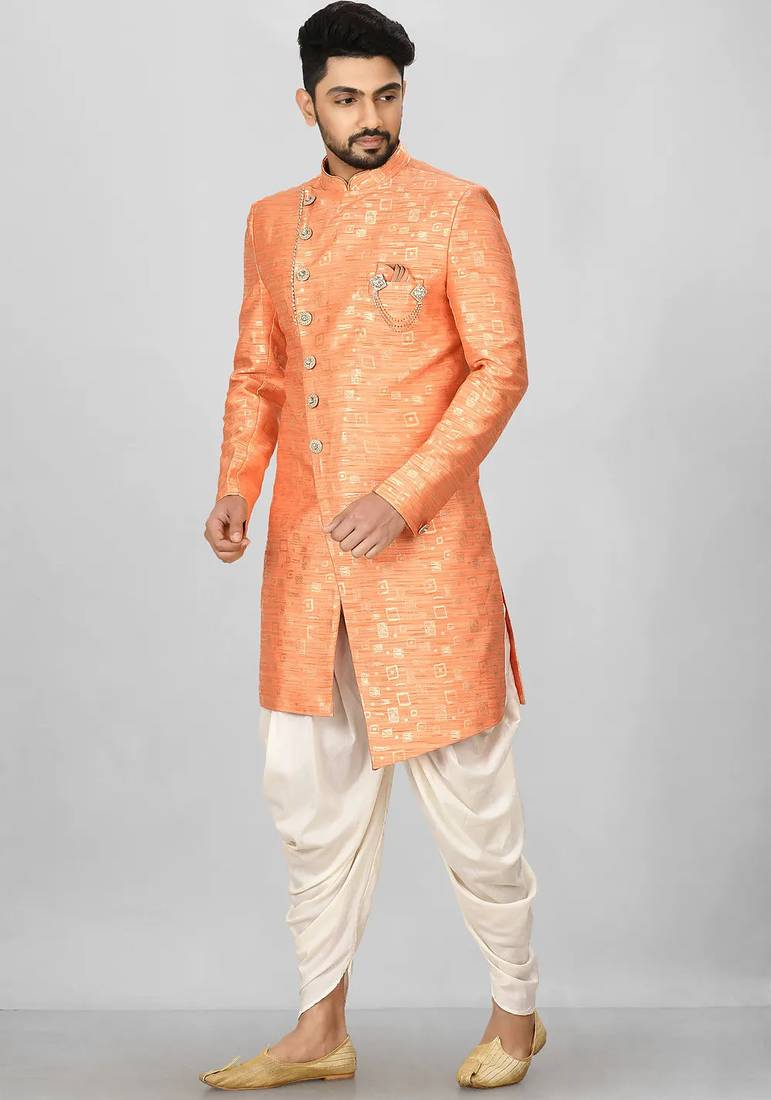 Orange anghrakha pattern work indo western