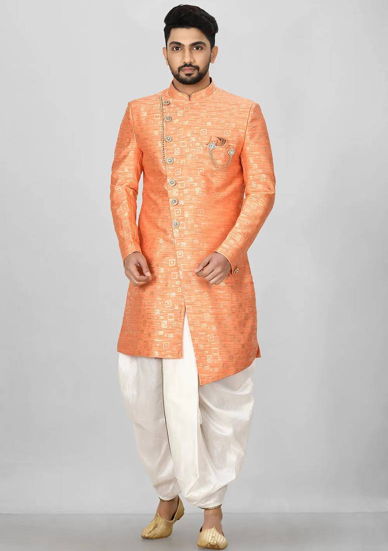 Orange anghrakha pattern work indo western