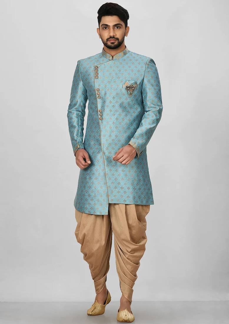 Sky blue anghrakha pattern work indo western