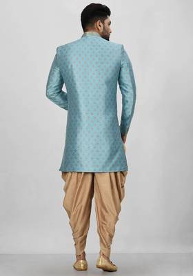 Sky blue anghrakha pattern work indo western 4