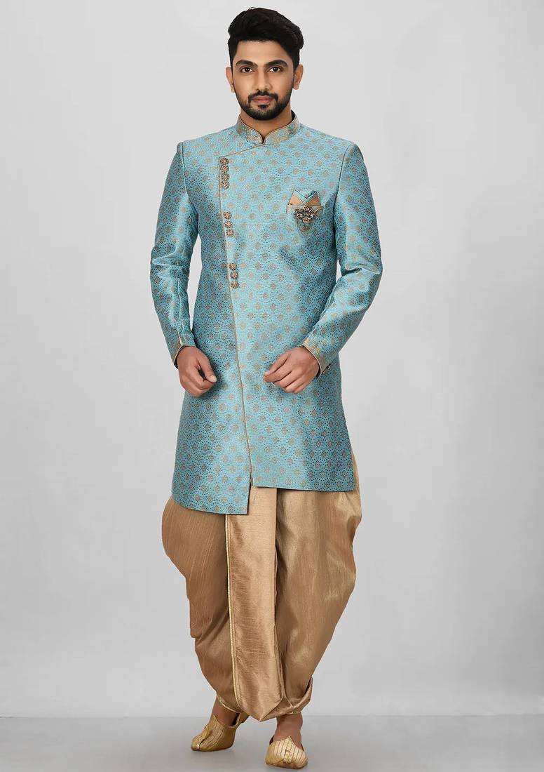 Sky blue anghrakha pattern work indo western