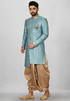 Sky blue anghrakha pattern work indo western 3