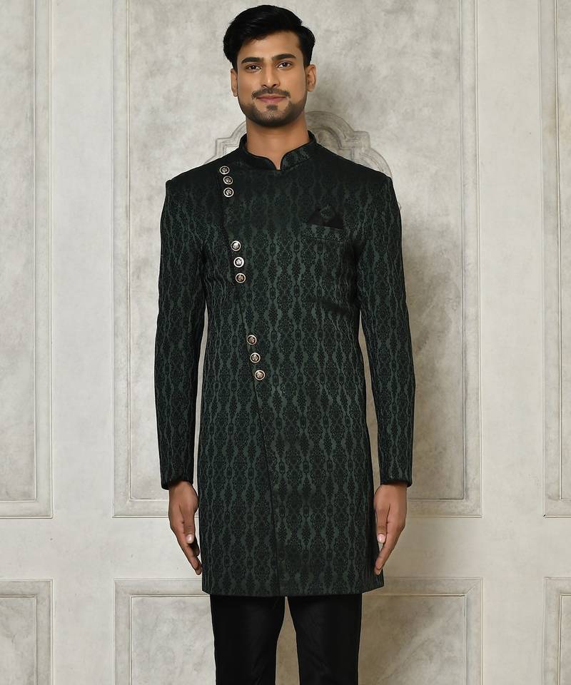 Bottle green anghrakha pattern work indo western