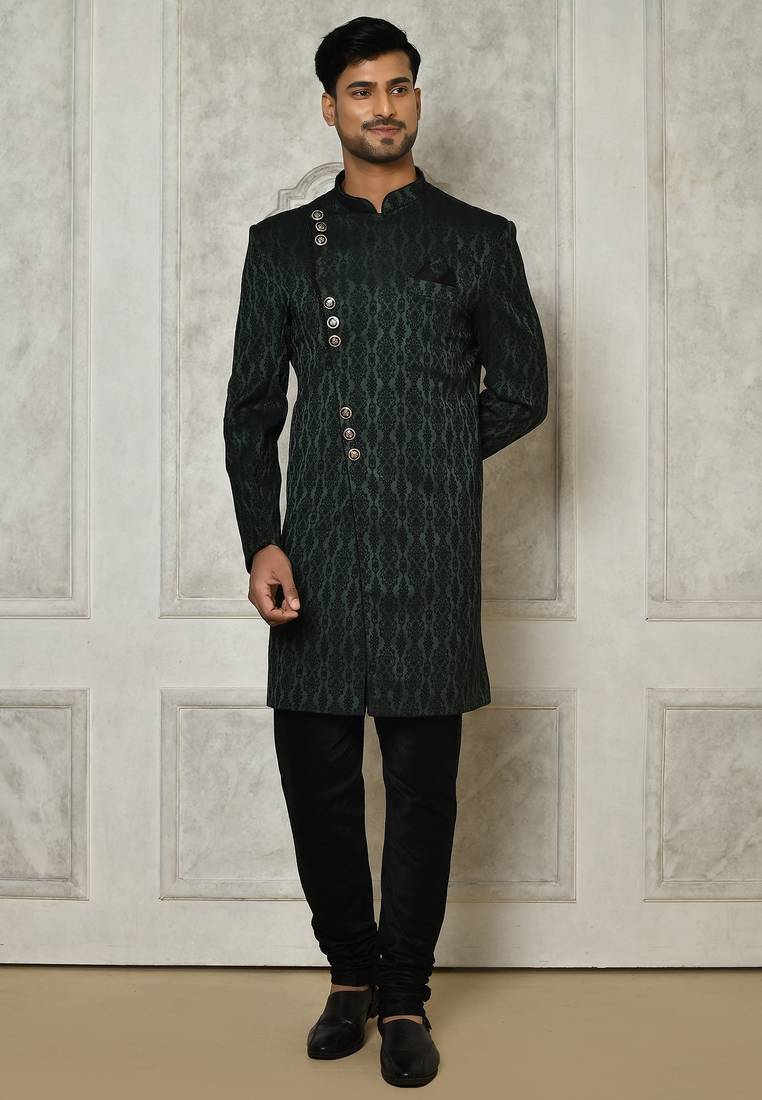 Bottle green anghrakha pattern work indo western