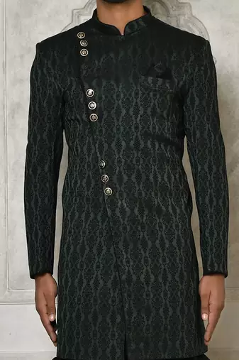 Bottle green anghrakha pattern work indo western