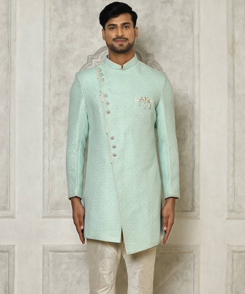 Mintgreen anghrakha pattern work indo western