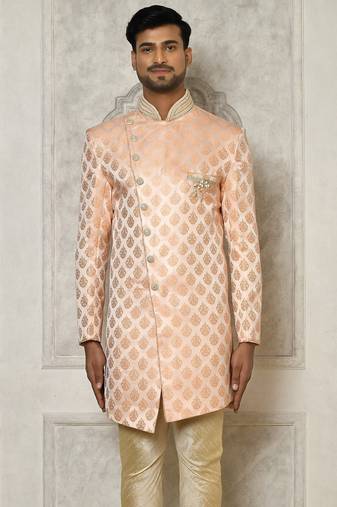 Peach dupion arts silk anghrakha design with hand work on collar and buttons indo western