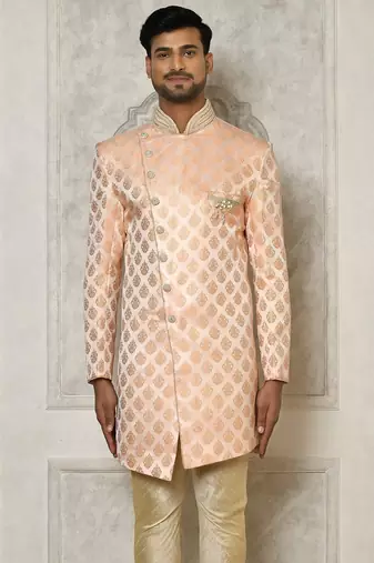 Peach dupion arts silk anghrakha design with hand work on collar and buttons indo western