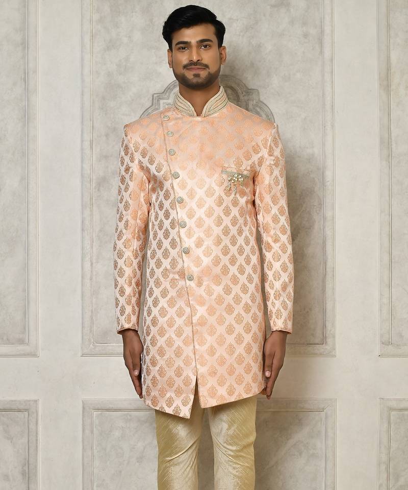 Peach dupion arts silk anghrakha design with hand work on collar and buttons indo western