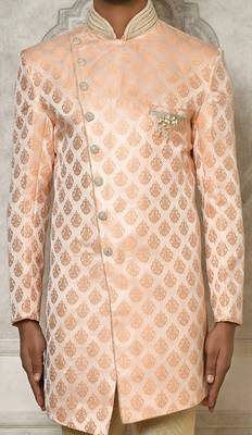 Peach dupion arts silk anghrakha design with hand work on collar and buttons indo western 2