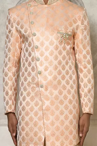 Peach dupion arts silk anghrakha design with hand work on collar and buttons indo western