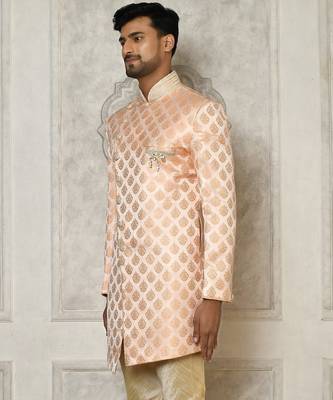 Peach dupion arts silk anghrakha design with hand work on collar and buttons indo western 3