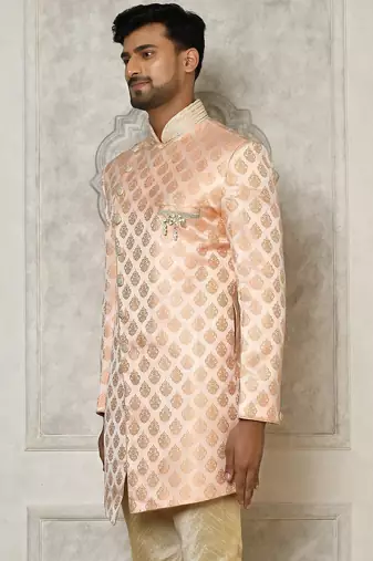 Peach dupion arts silk anghrakha design with hand work on collar and buttons indo western