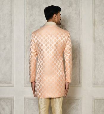 Peach dupion arts silk anghrakha design with hand work on collar and buttons indo western 4