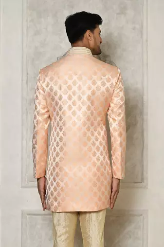 Peach dupion arts silk anghrakha design with hand work on collar and buttons indo western