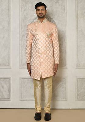 Peach dupion arts silk anghrakha design with hand work on collar and buttons indo western 1