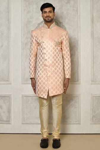 Peach dupion arts silk anghrakha design with hand work on collar and buttons indo western
