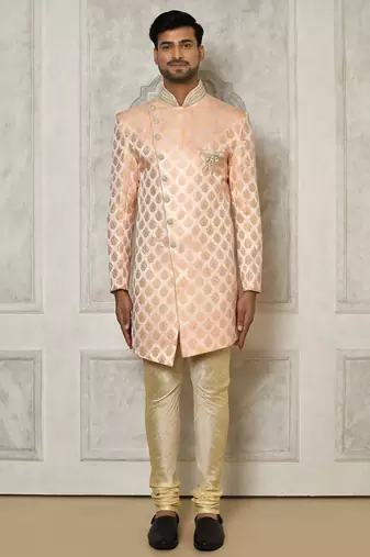 Peach dupion arts silk anghrakha design with hand work on collar and buttons indo western