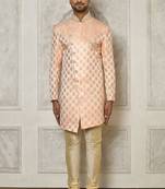 Peach dupion arts silk anghrakha design with hand work on collar and buttons indo western