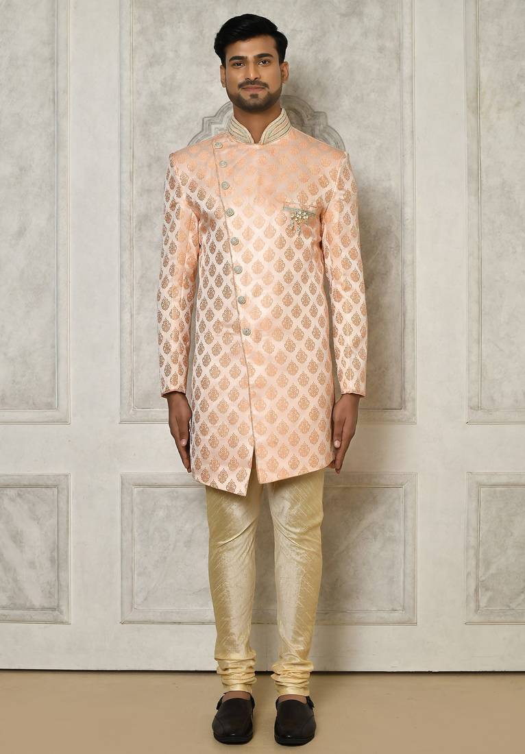 Peach dupion arts silk anghrakha design with hand work on collar and buttons indo western
