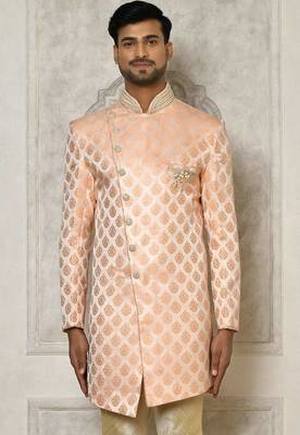 Peach dupion arts silk anghrakha design with hand work on collar and buttons indo western 2