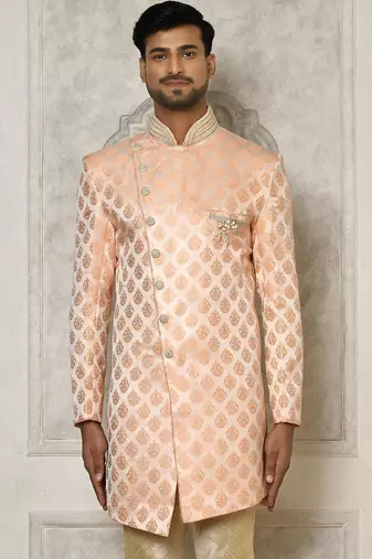 Peach dupion arts silk anghrakha design with hand work on collar and buttons indo western