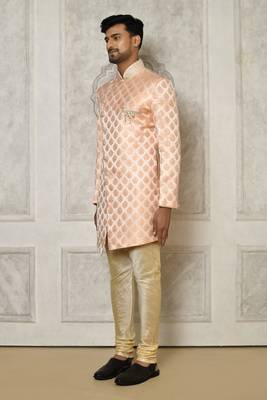 Peach dupion arts silk anghrakha design with hand work on collar and buttons indo western 3
