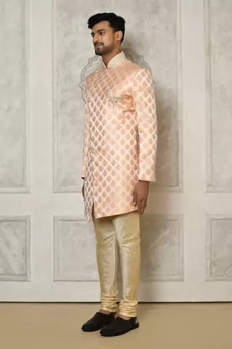Peach dupion arts silk anghrakha design with hand work on collar and buttons indo western