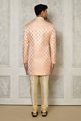 Peach dupion arts silk anghrakha design with hand work on collar and buttons indo western 4