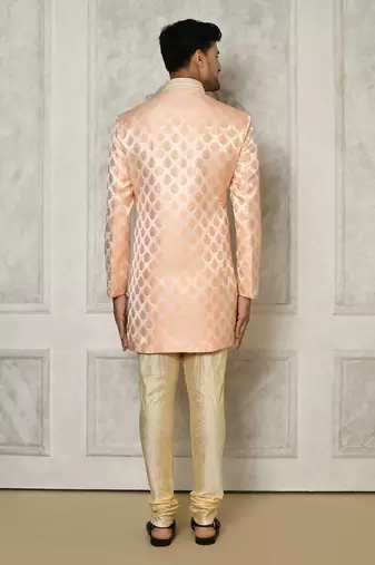 Peach dupion arts silk anghrakha design with hand work on collar and buttons indo western